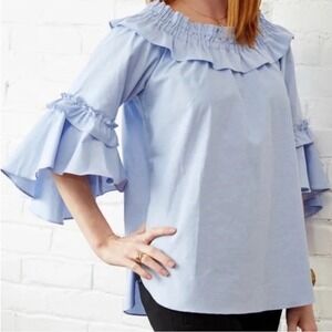 Sara‎ Campbell Poplin Ruffle Blue 3/4 sleeve top sz XS